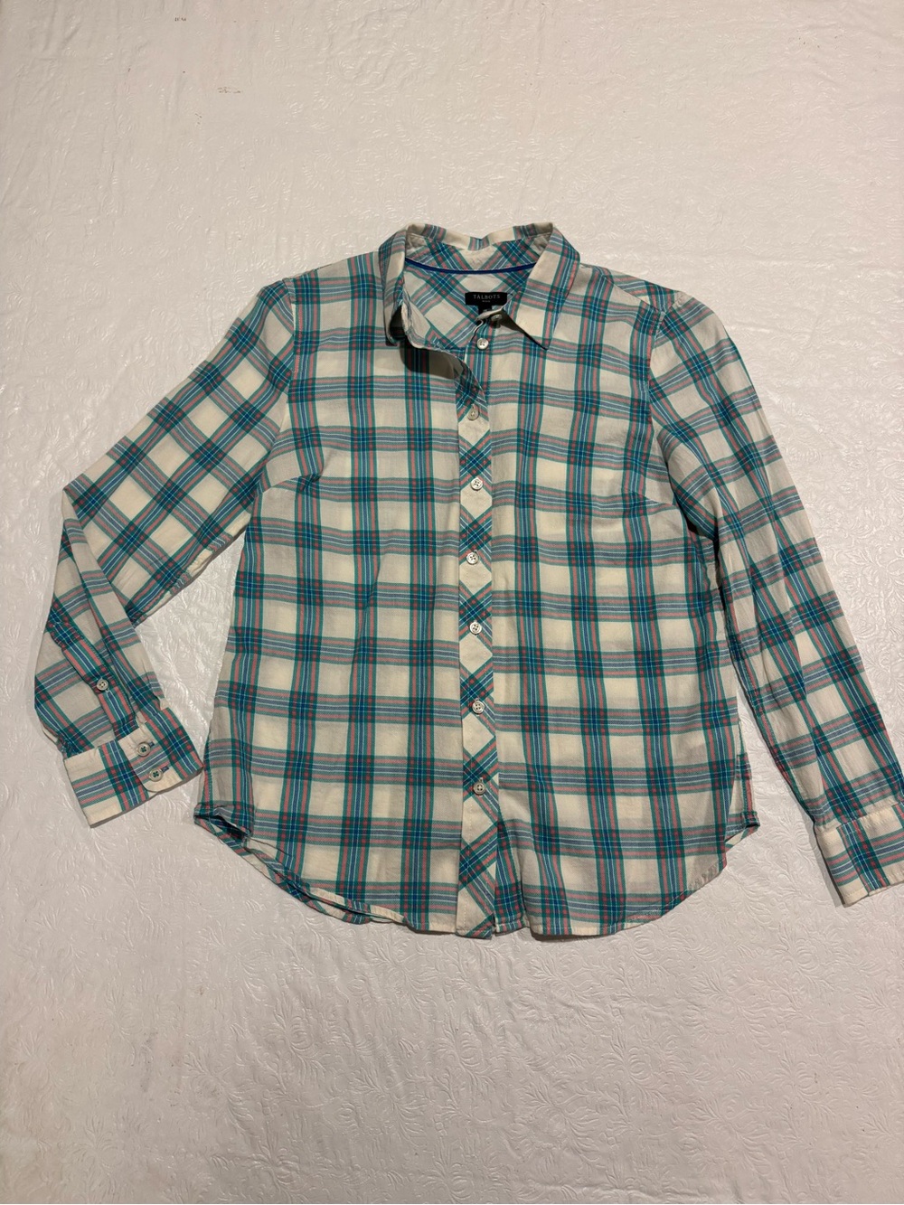 Talbots Plaid Button-Down Shirt - Teal & Cream